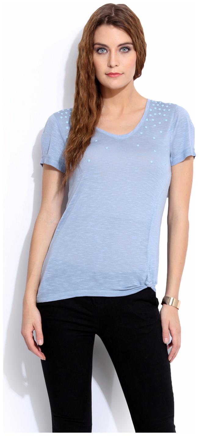

PORSORTE Women s Viscose Embellish Knotted Blue Top