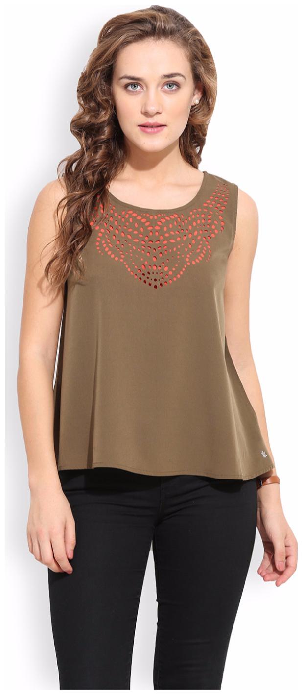 

PORSORTE Women s Plain Laser Cut Polyester Olive Double Layered Top