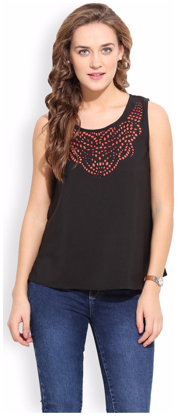 

PORSORTE Women s Plain Laser Cut Polyester Double Layered Black Top