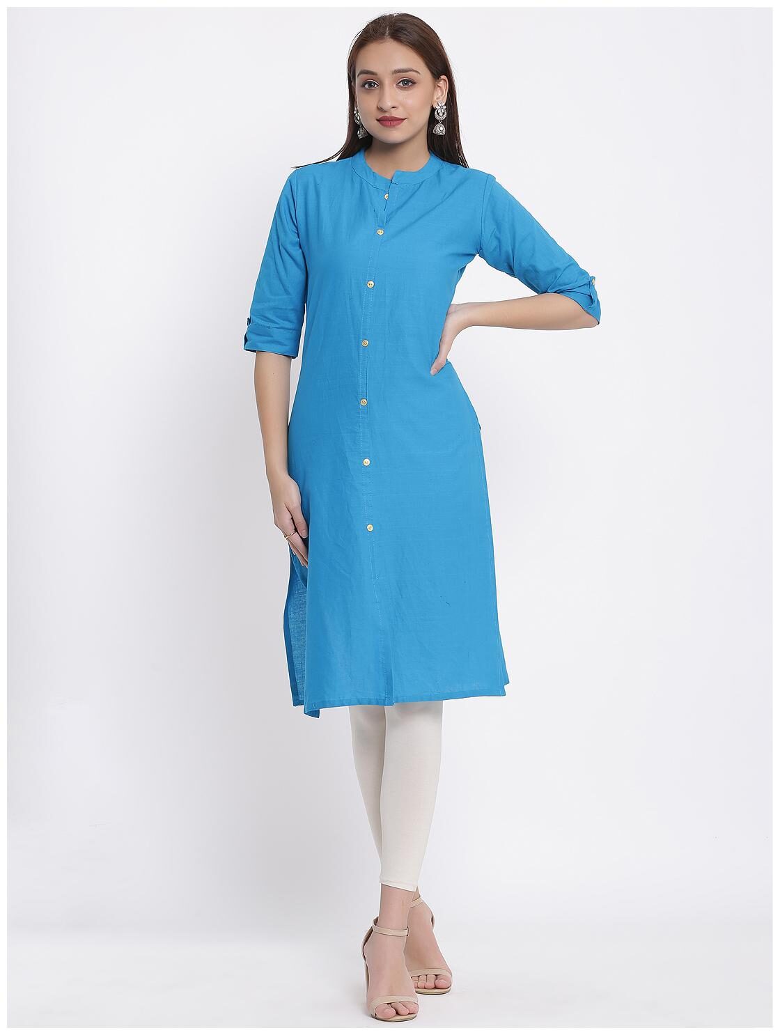 

Posaka Women Turquoise Solid Straight Kurta