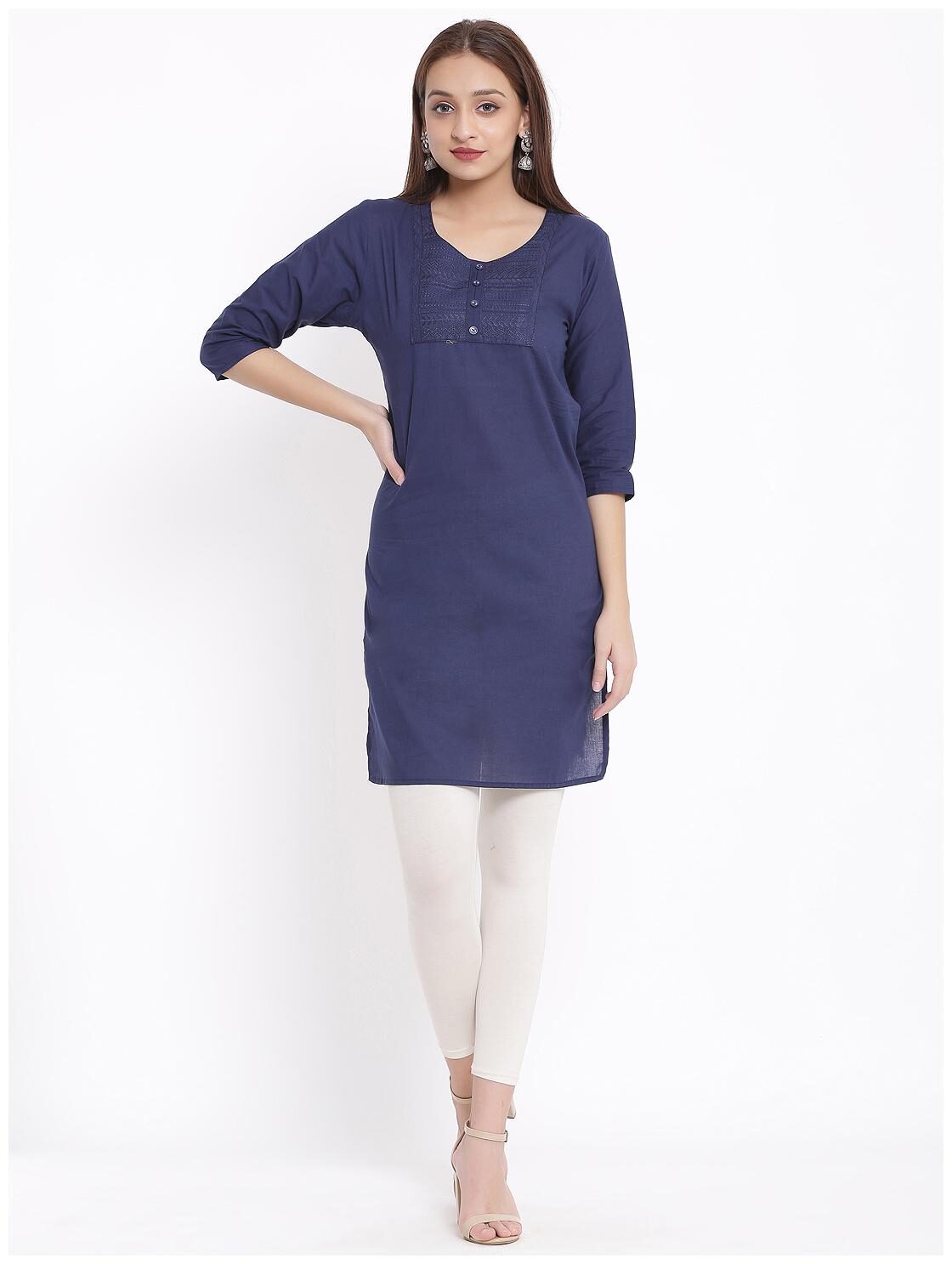 

Posaka Women Navy Blue Embroidered Straight Kurta