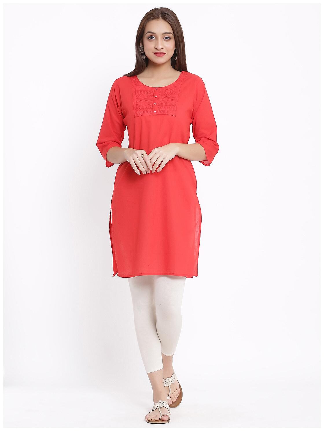 

Posaka Women Red Embroidered Straight Kurta