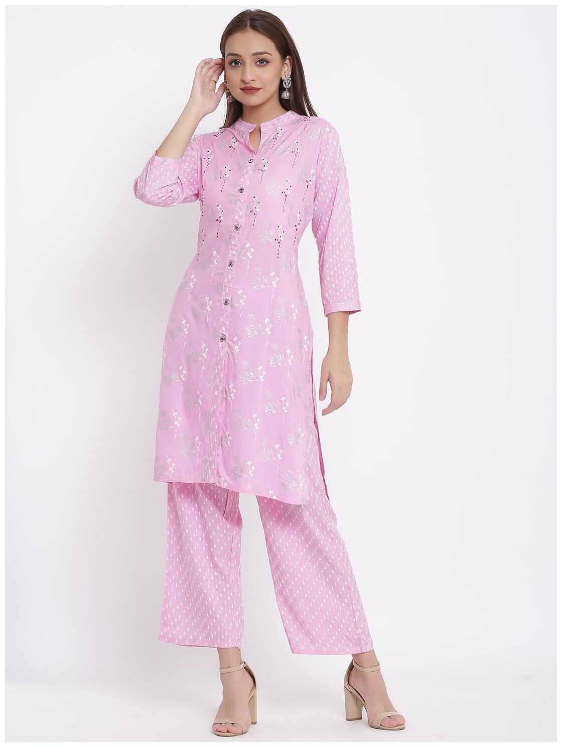 

Posaka Viscose Rayon Embroidered Pink Kurta Pants Without Dupatta Women