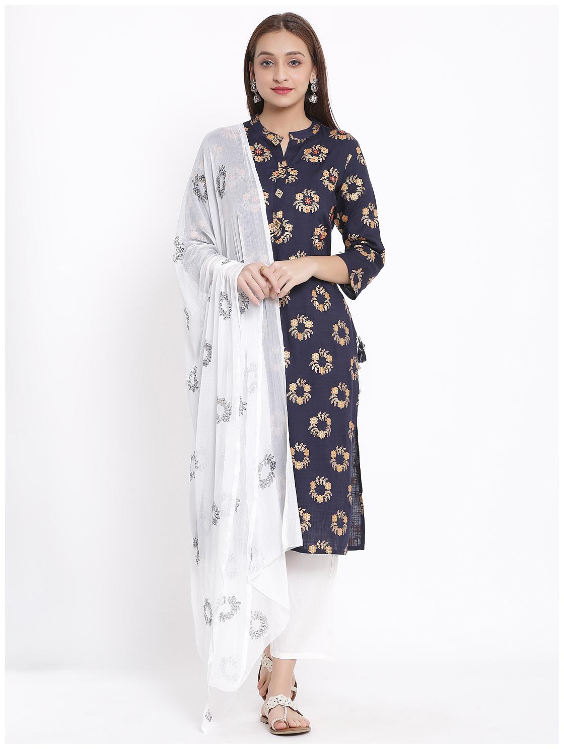 

Posaka Women Navy Blue Floral Straight Kurta With Pants And Dupatta