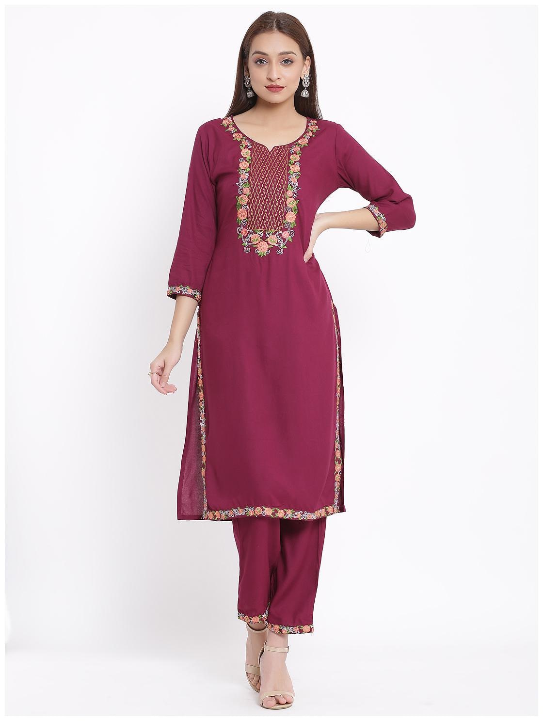 

Posaka Viscose Rayon Embroidered Wine Kurta Pants Without Dupatta Women