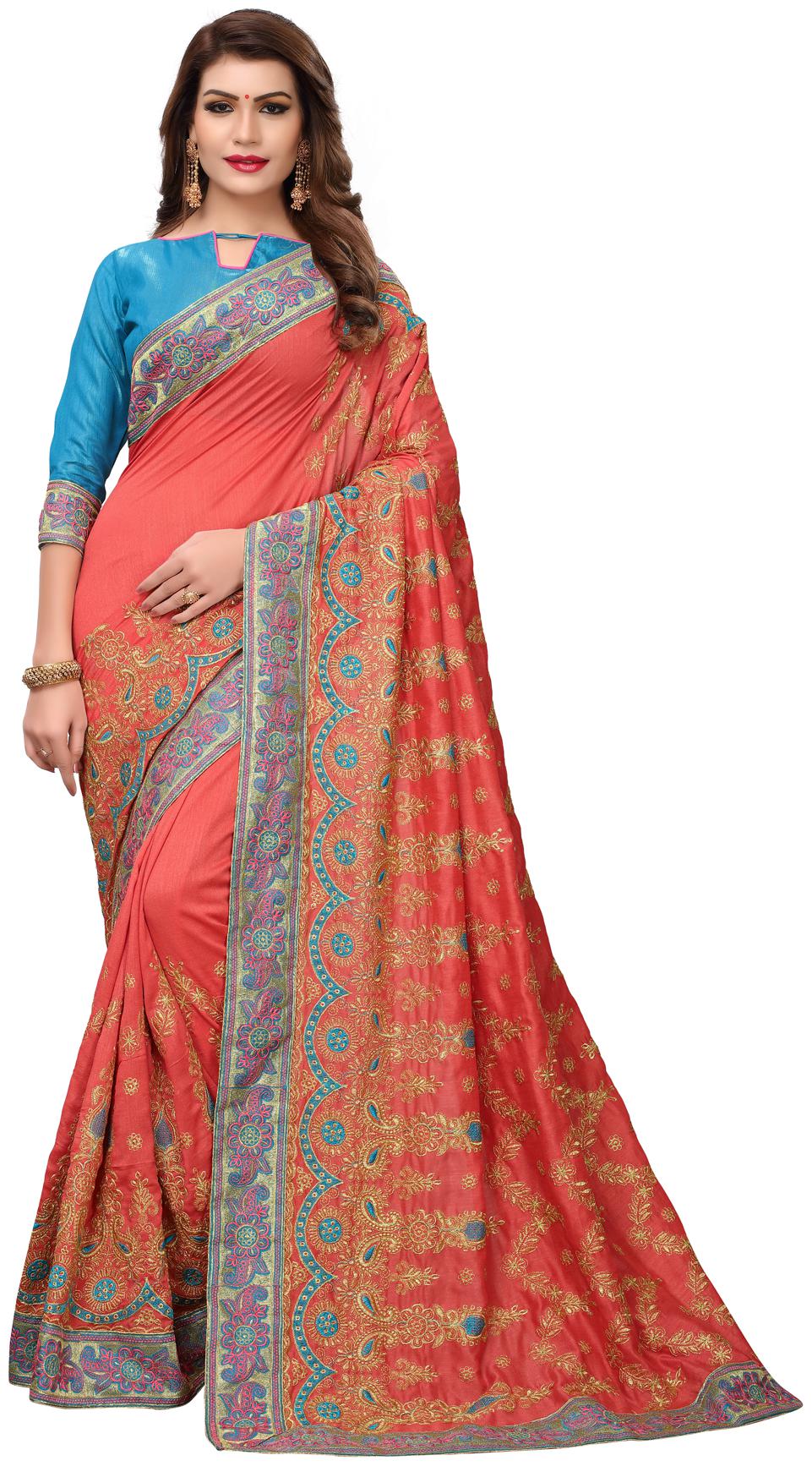 

Pratham Blue Designer Gajri Silk Embroidered Saree with Blouse Piece