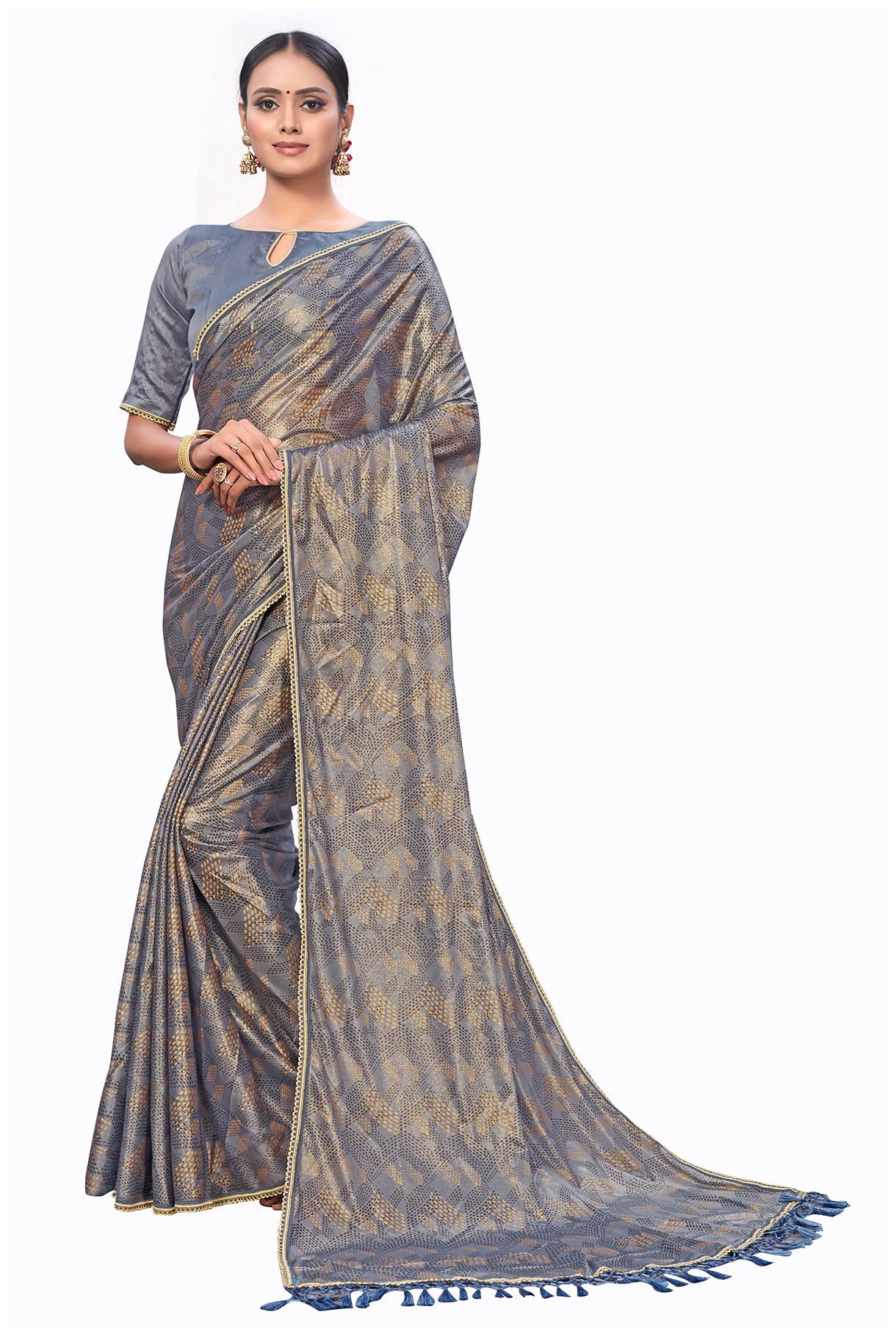 

Pratham Blue Women Silk Block Print Saree Grey