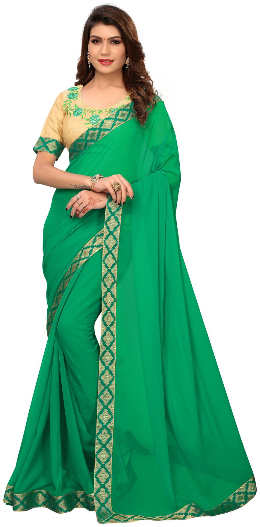

Pratham Blue Designer Green Georgette Lace Border Saree with Blouse Piece