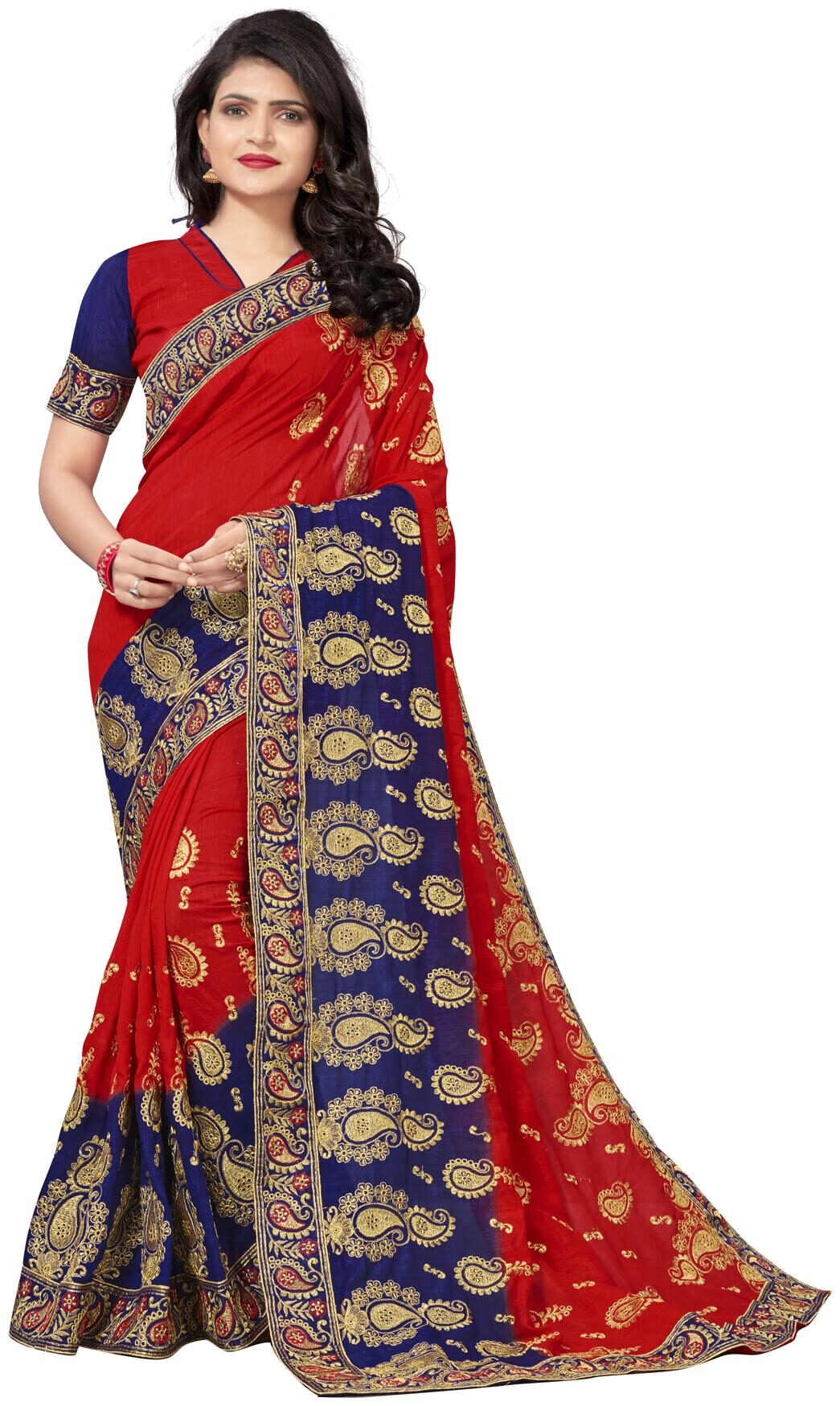 

Pratham Blue Designer Red Silk Embroidered Saree with Blouse Piece