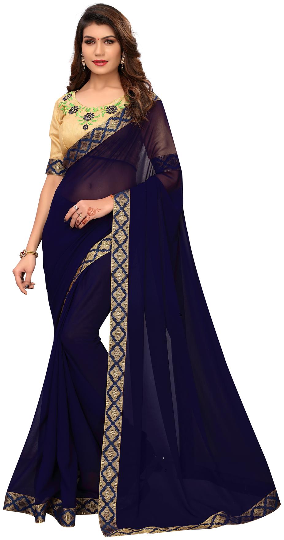 

Pratham Blue Designer Blue Georgette Lace Border Saree with Blouse Piece