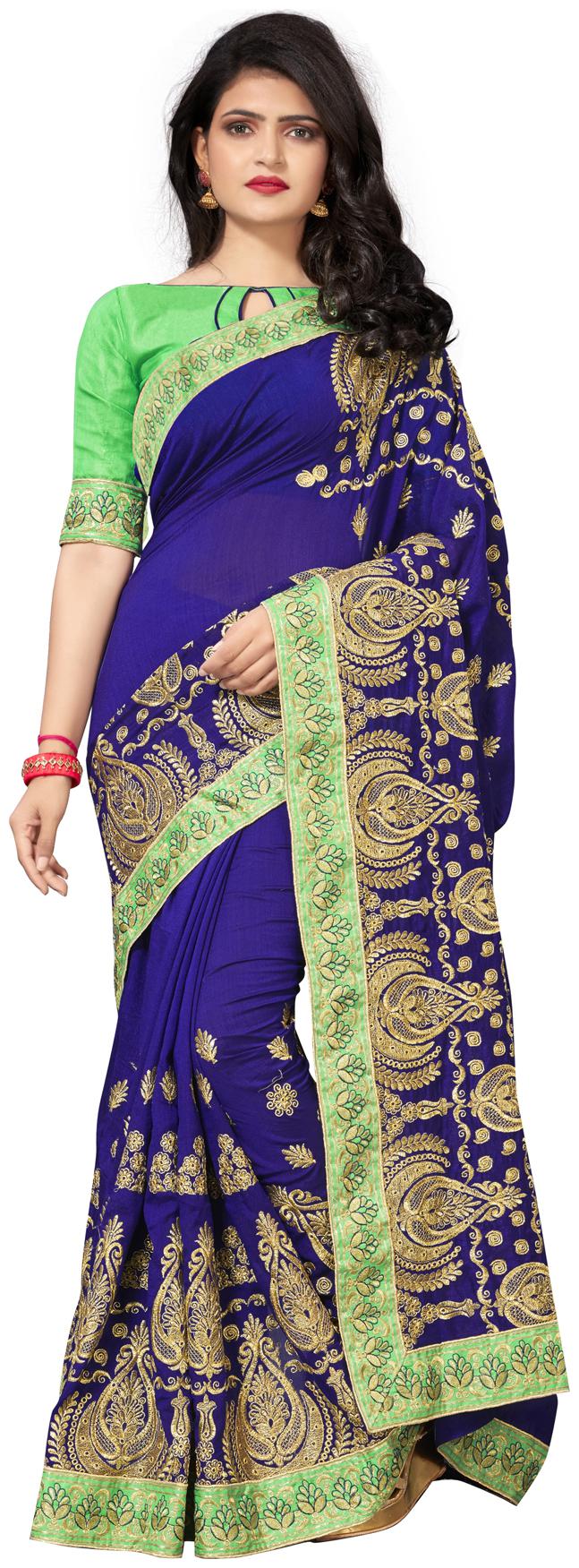 

Pratham Blue Designer Blue Silk Embroidered Saree with Blouse Piece