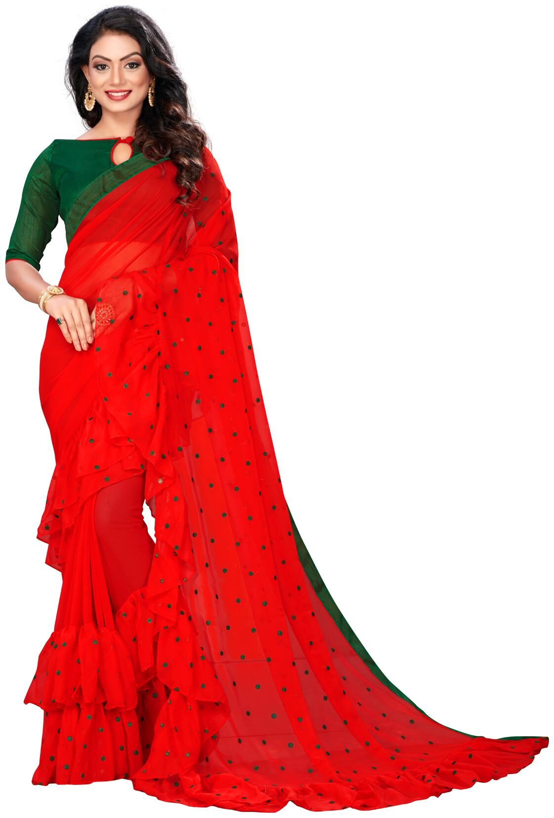 

Pratham Blue Red Polka Dots Universal Ruffle Saree With Blouse With blouse