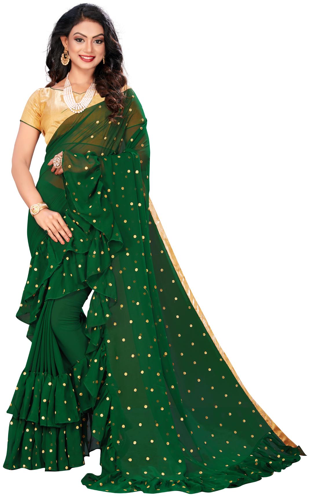 

Pratham Blue Designer Green Georgette Ruffle Saree with Blouse Piece