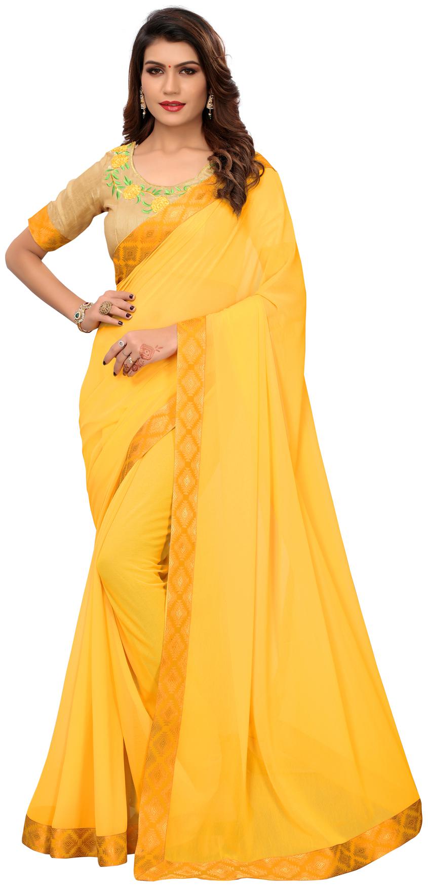 

Pratham Blue Designer Yellow Georgette Lace Border Saree with Blouse Piece