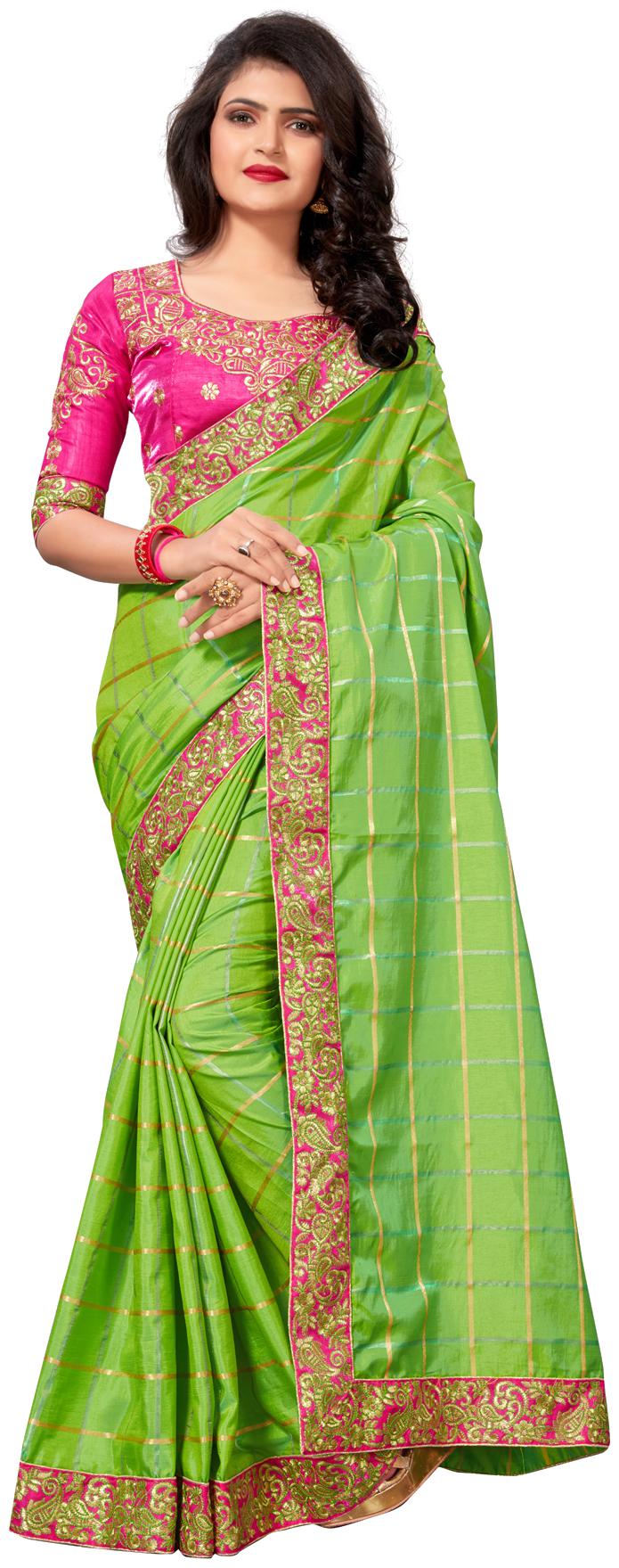 

Pratham Blue Designer Green Silk Embroidered Saree with Blouse Piece