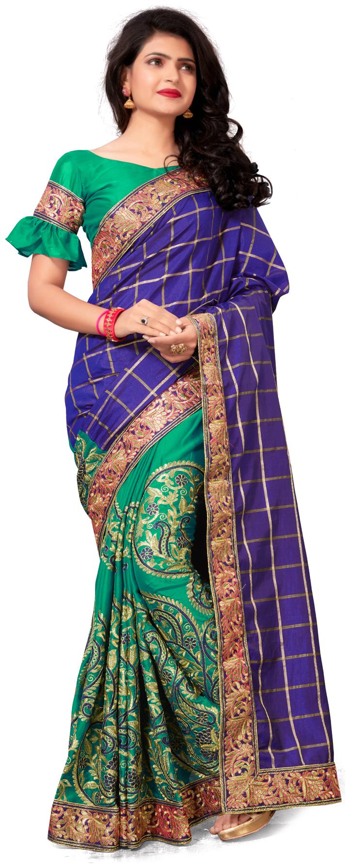 

Pratham Blue Designer Blue Silk Embroidered Saree with Blouse Piece