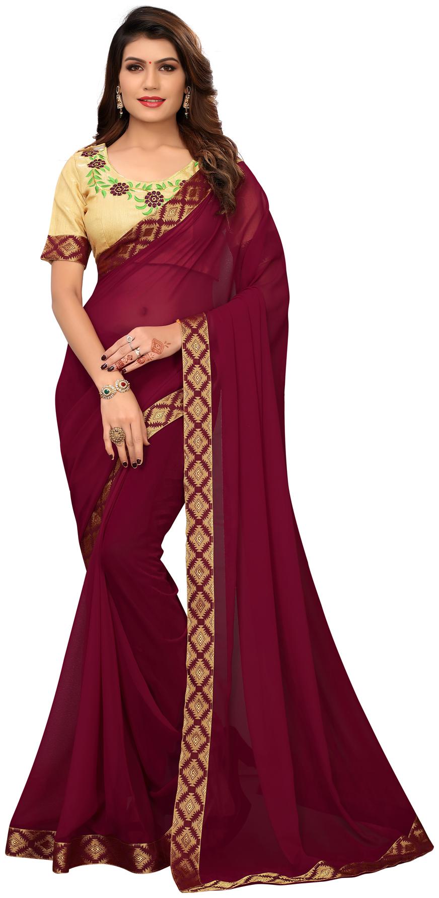 

Pratham Blue Designer Purple Georgette Lace Border Saree with Blouse Piece