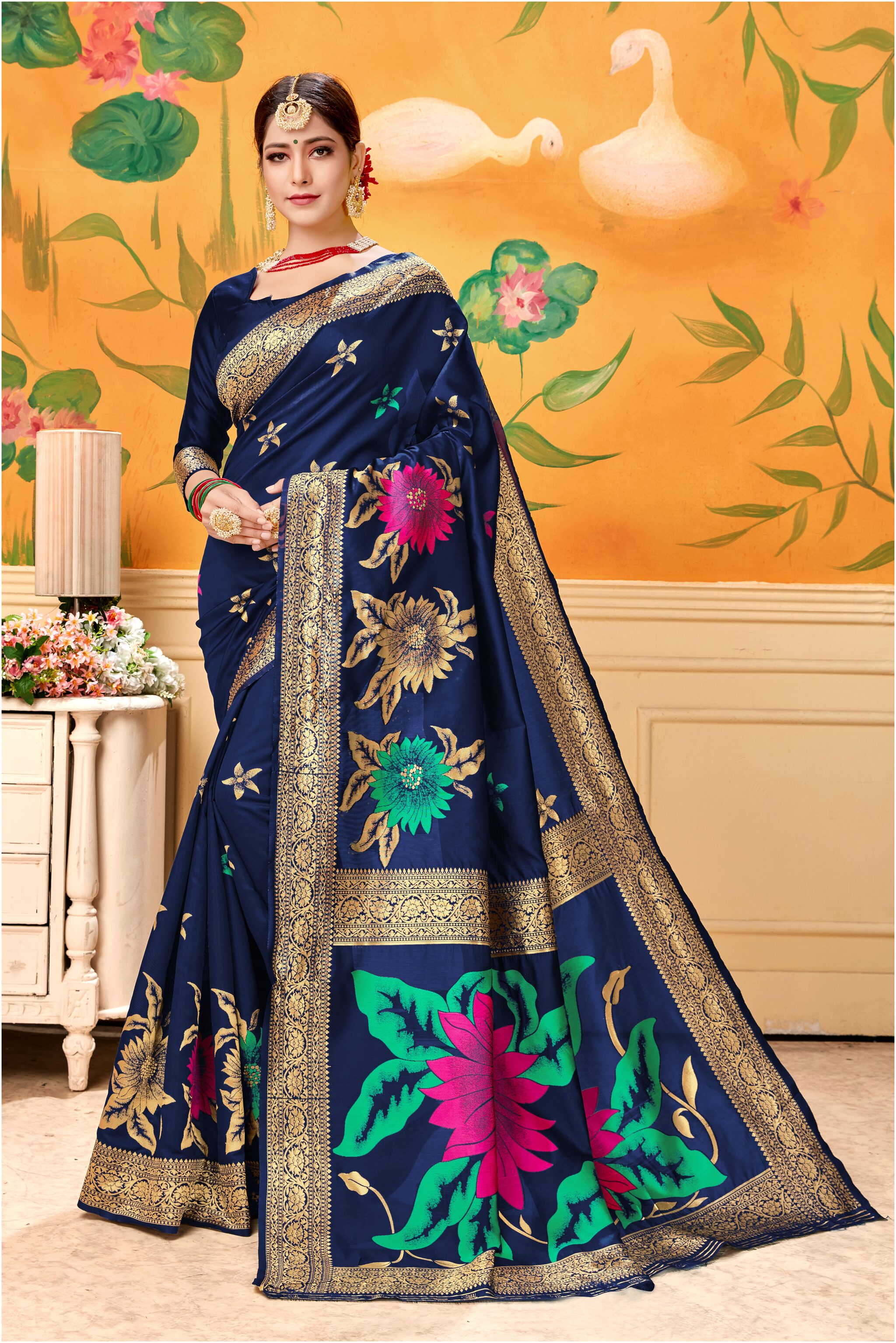 

Prathameshwara Creation Women Silk Blue Designer Saree With Blouse