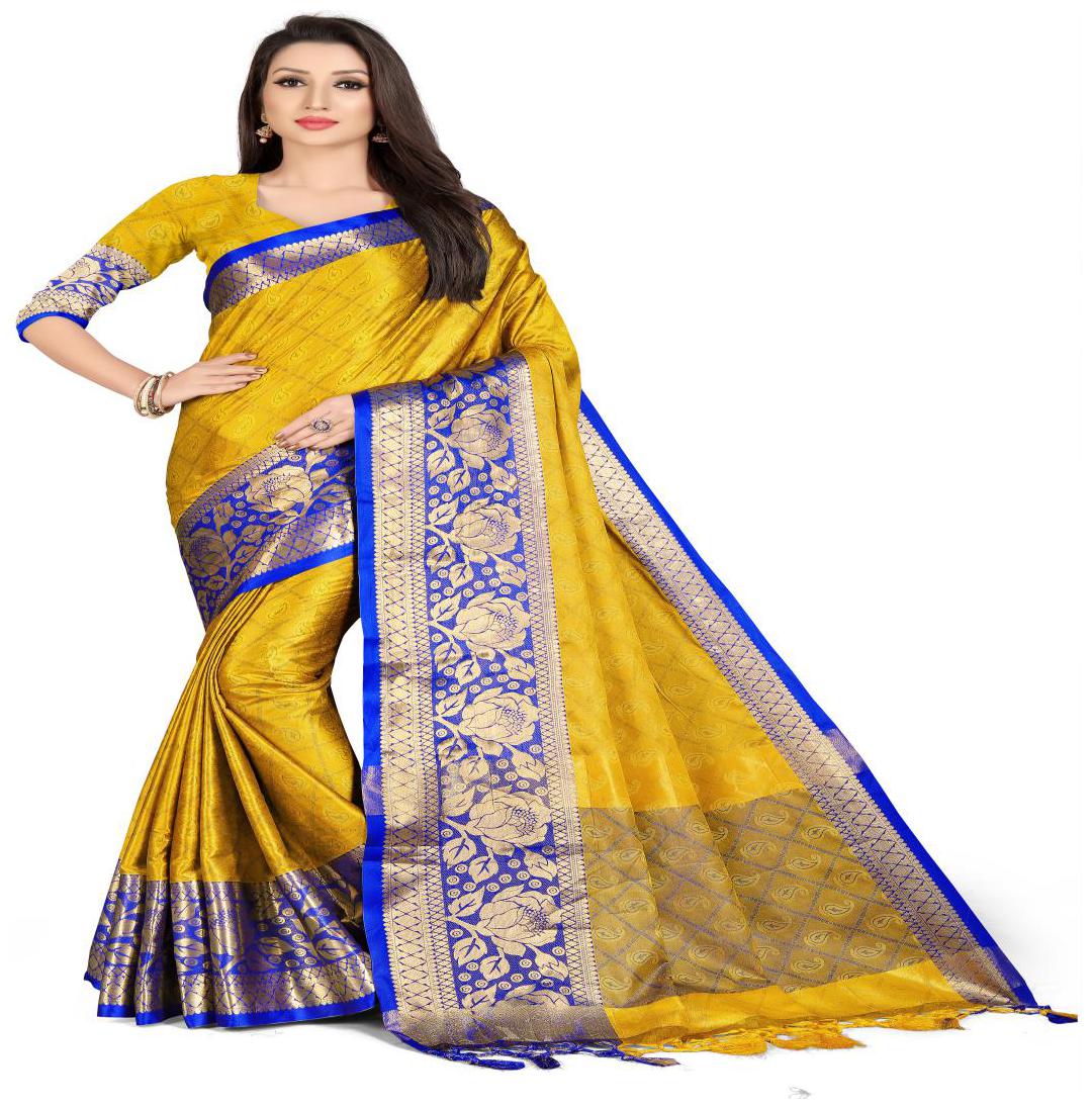 

Prathameshwara Creation Cotton Blend Woven Yellow Designer Saree For Women