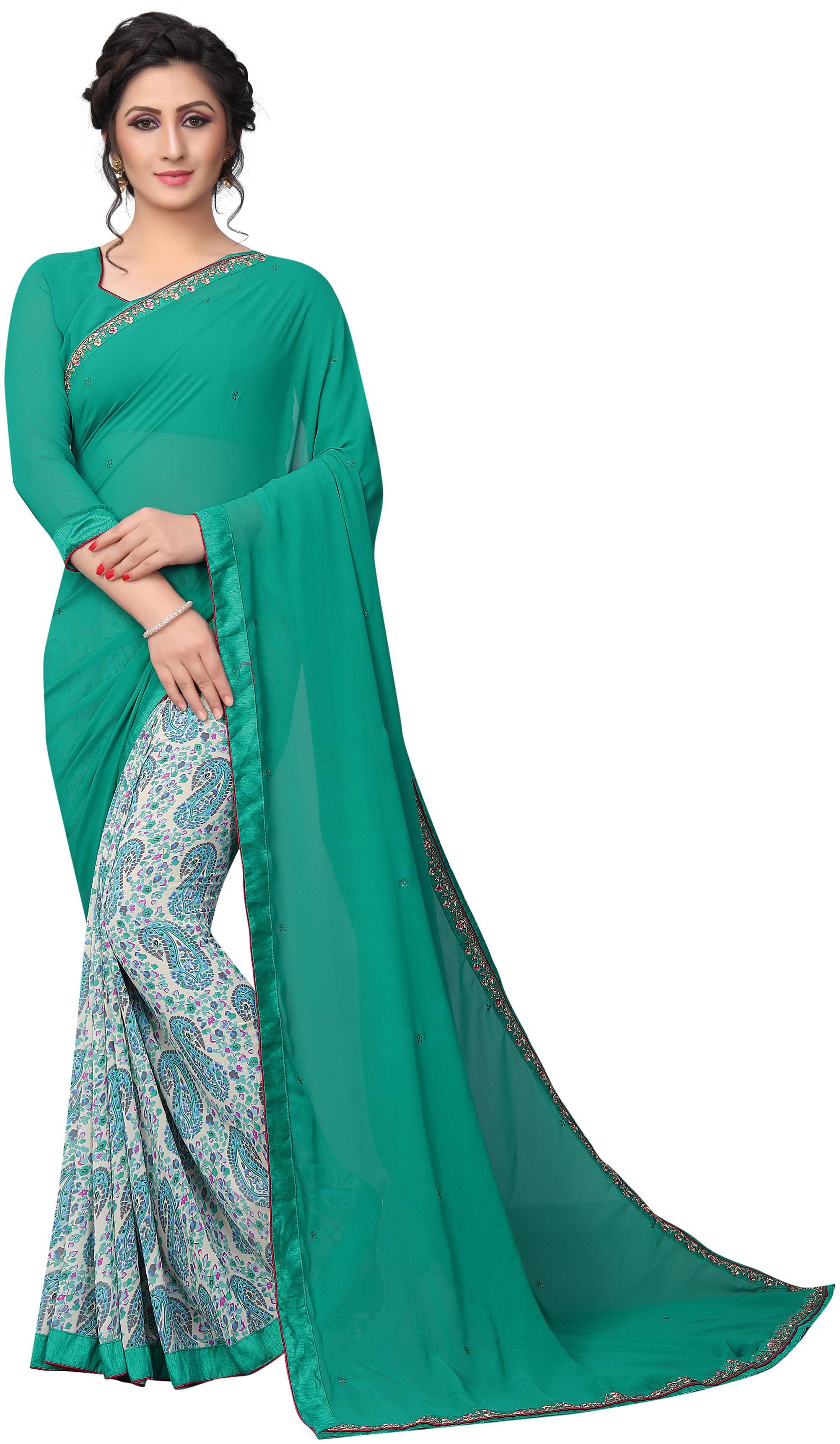 

KSNDV Trendz Women Georgette Turquoise Designer Saree With Blouse