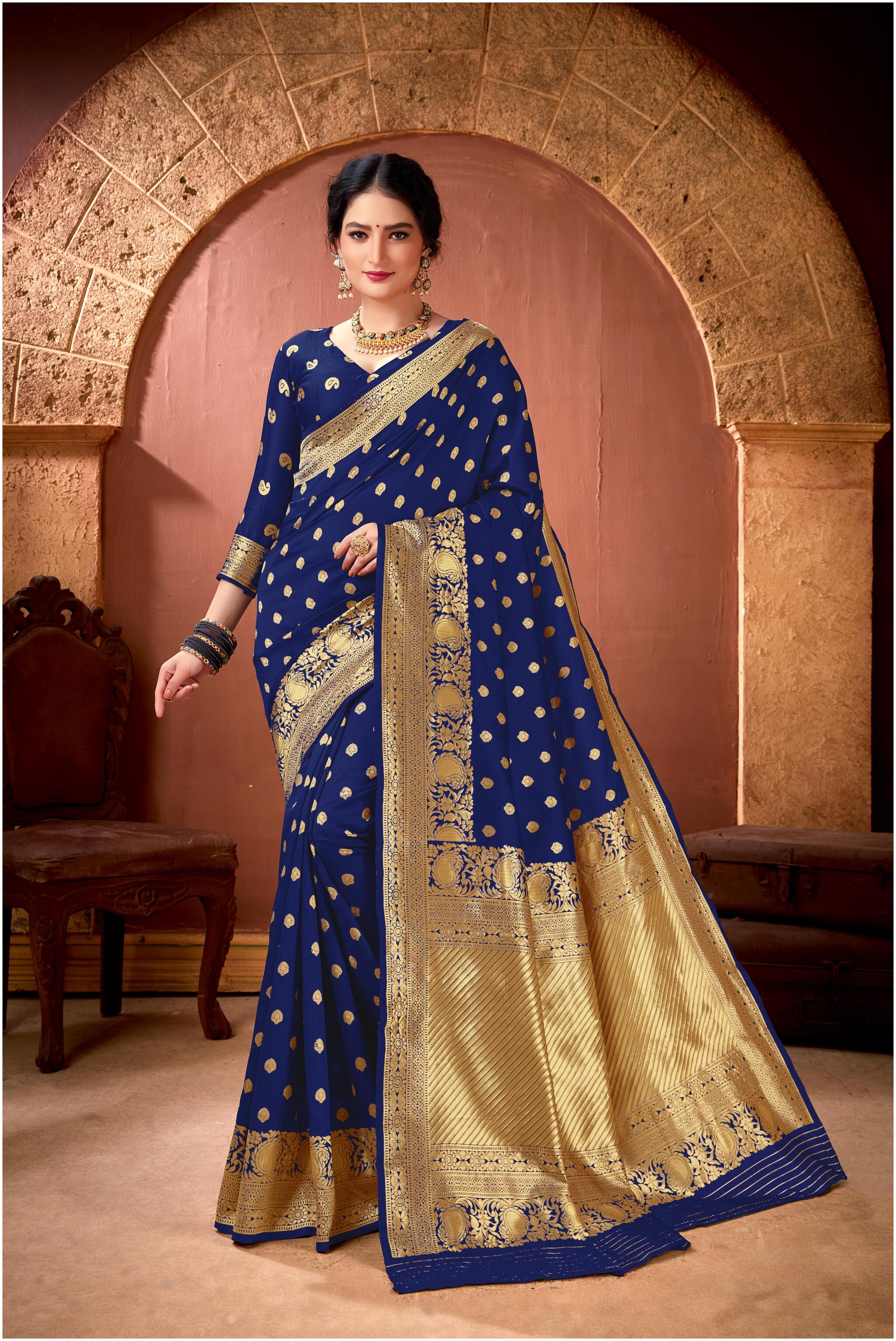 

Prathameshwara Creation Women Silk Blue Designer Saree With Blouse