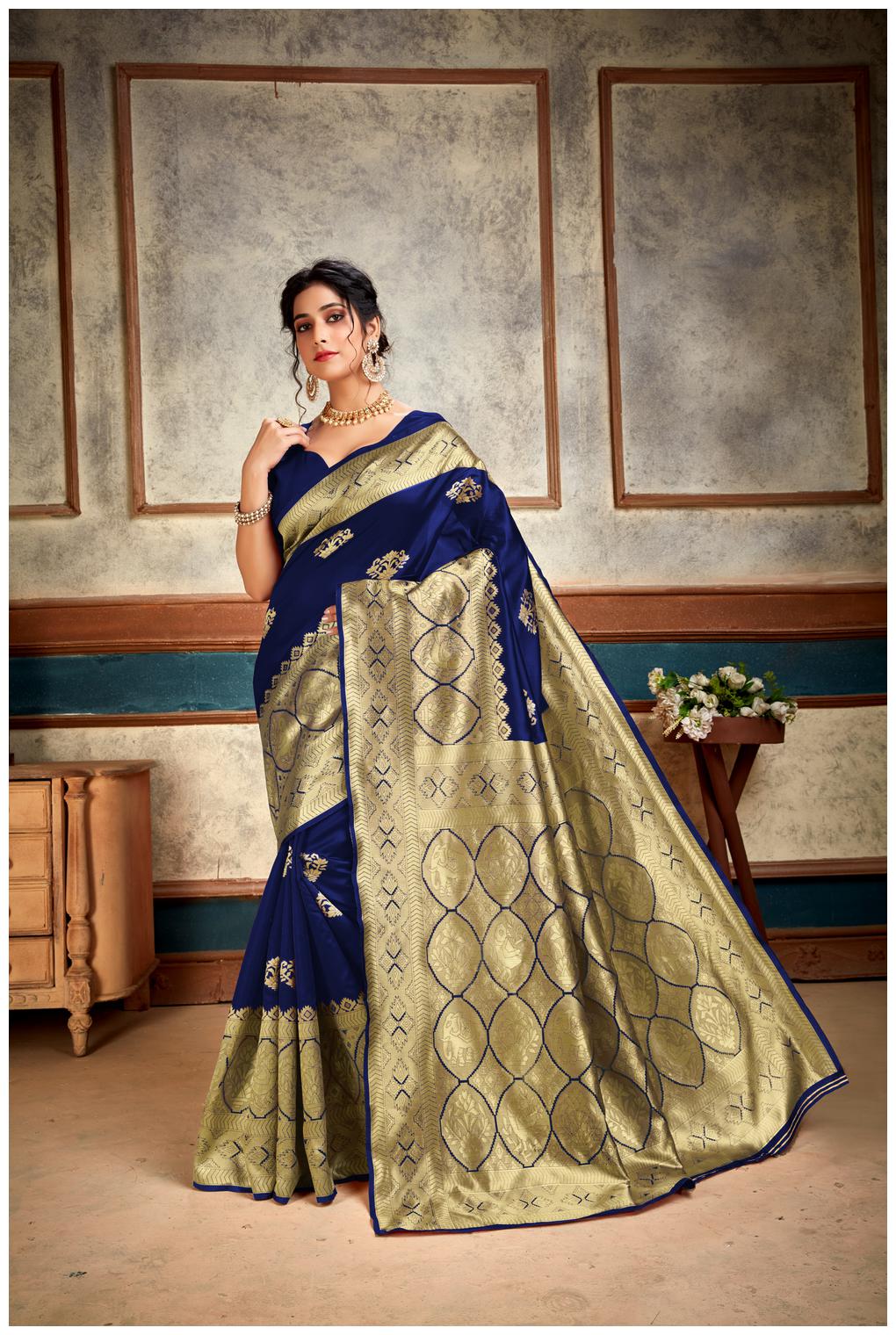 

Prathameshwara Creation Women Silk Blue Designer Saree With Blouse