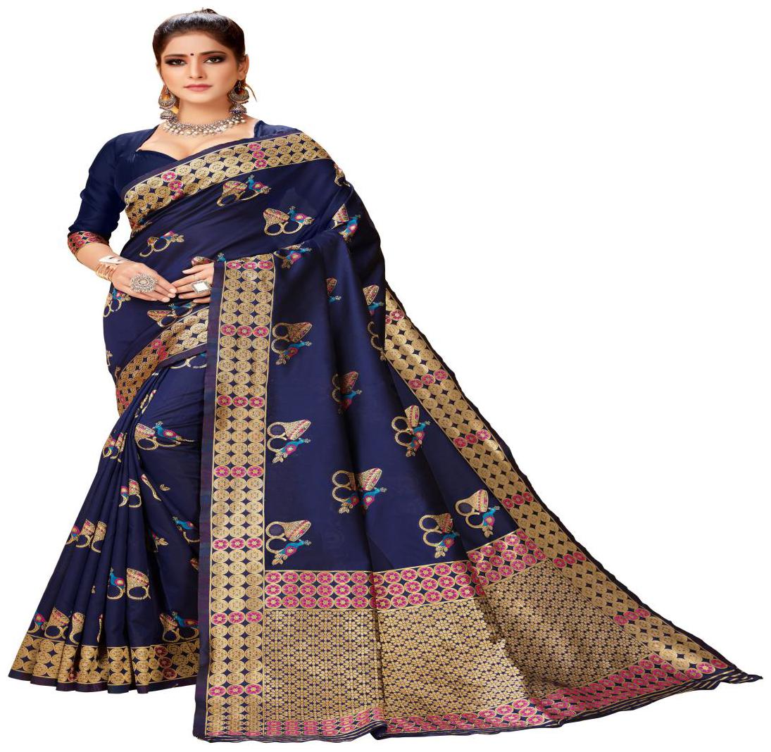 

Prathameshwara Creation Women Silk Woven Navy Blue Designer Saree With Blouse