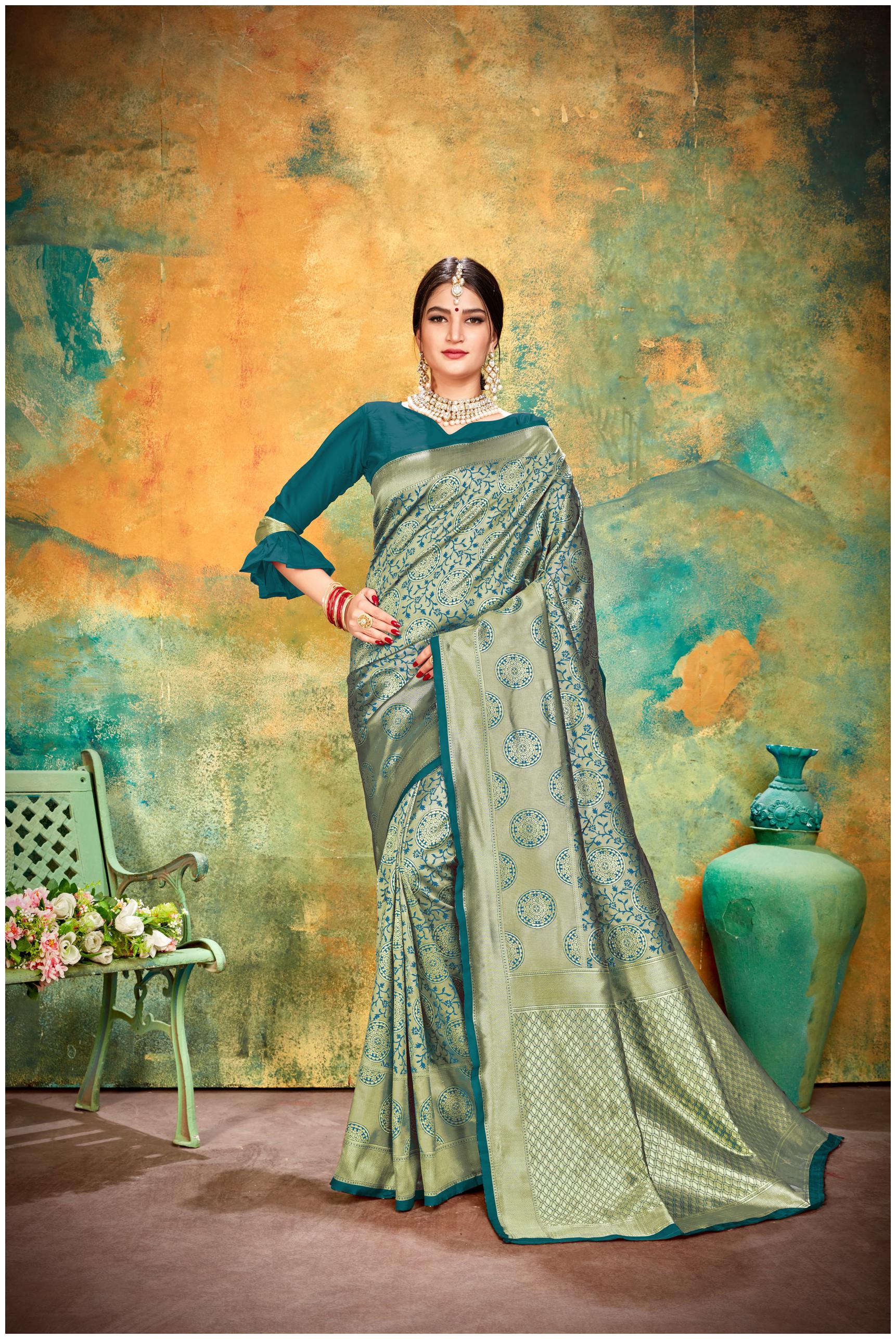 

KSNDV Trendz Women Silk Turquoise Designer Saree With Blouse