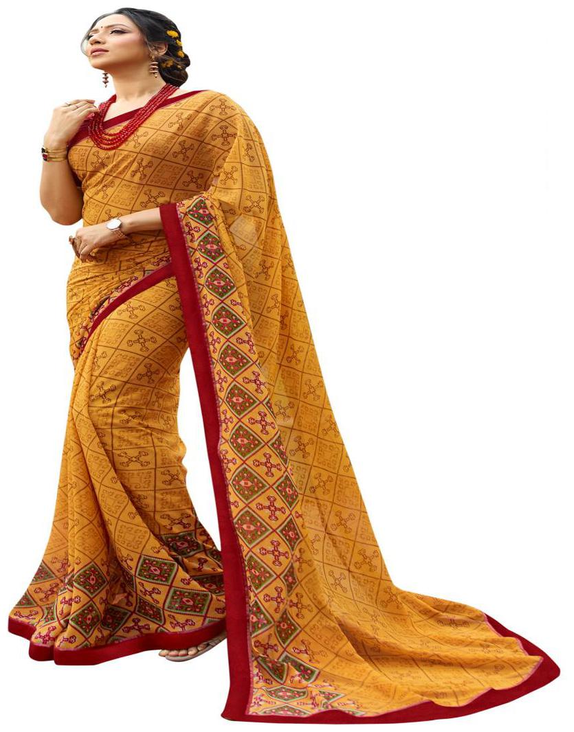 

Prathameshwara Creation Women Silk Printed Yellow Designer Saree With Blouse