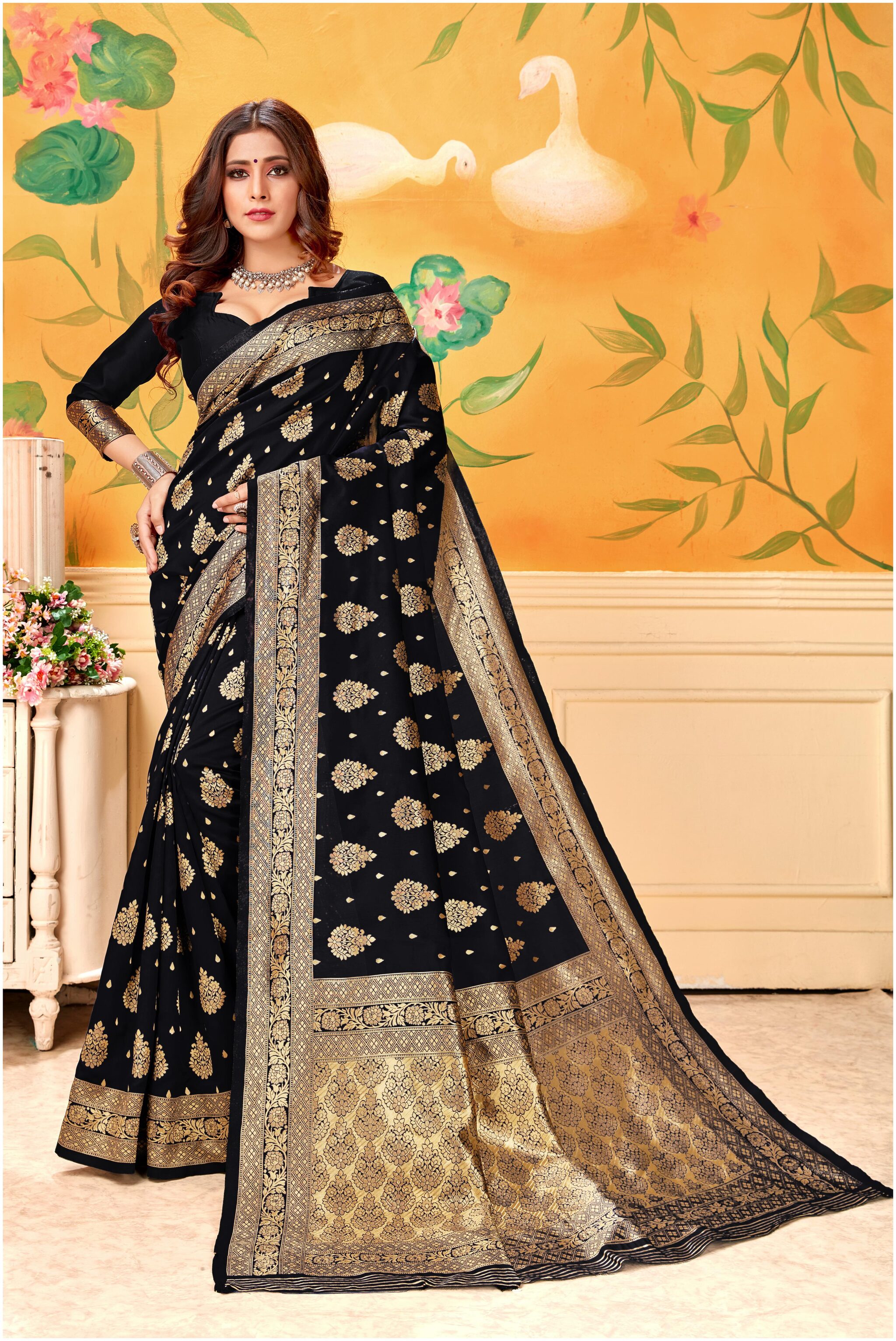 

Prathameshwara Creation Women Silk Black Designer Saree With Blouse