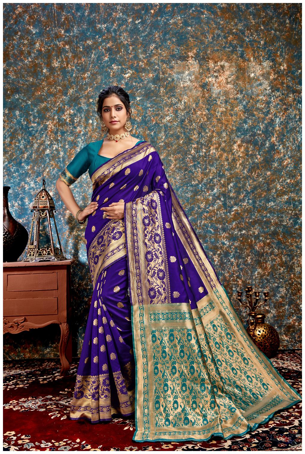 

Prathameshwara Creation Women Silk Blue Designer Saree With Blouse