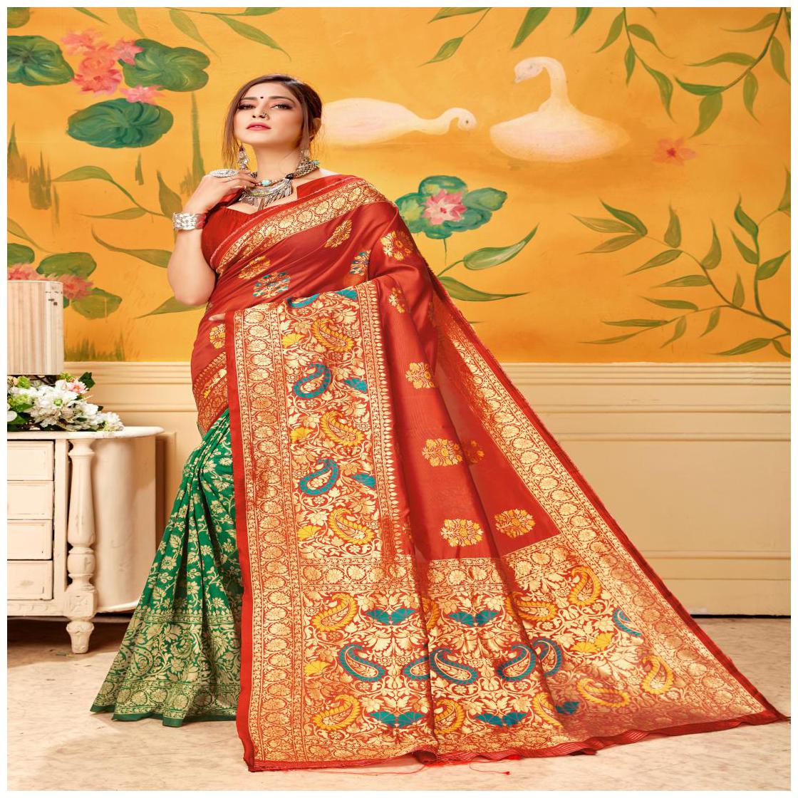 

Prathameshwara Creation Women Cotton Blend Red Designer Saree With Blouse