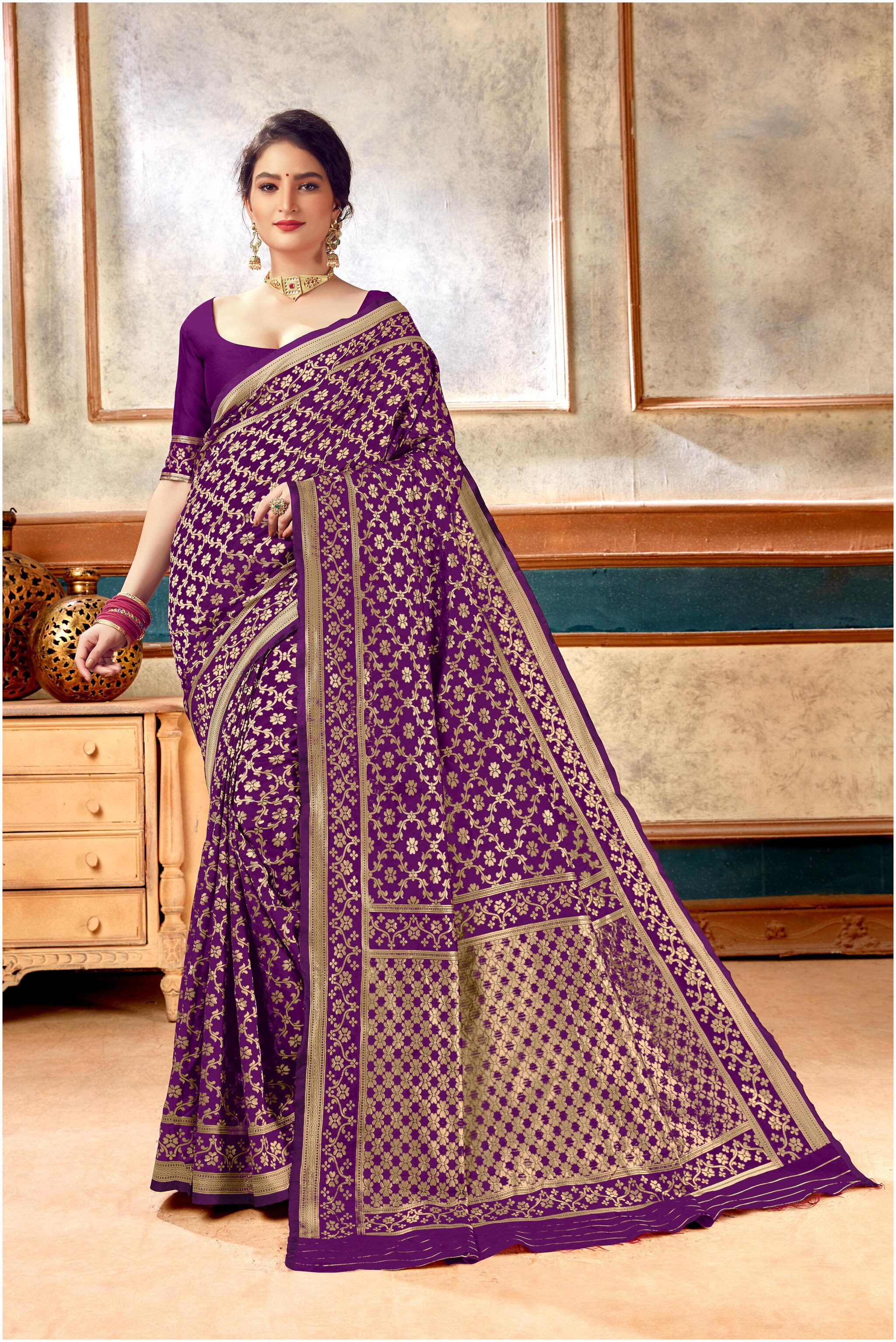 

KSNDV Trendz Women Silk Purple Designer Saree With Blouse