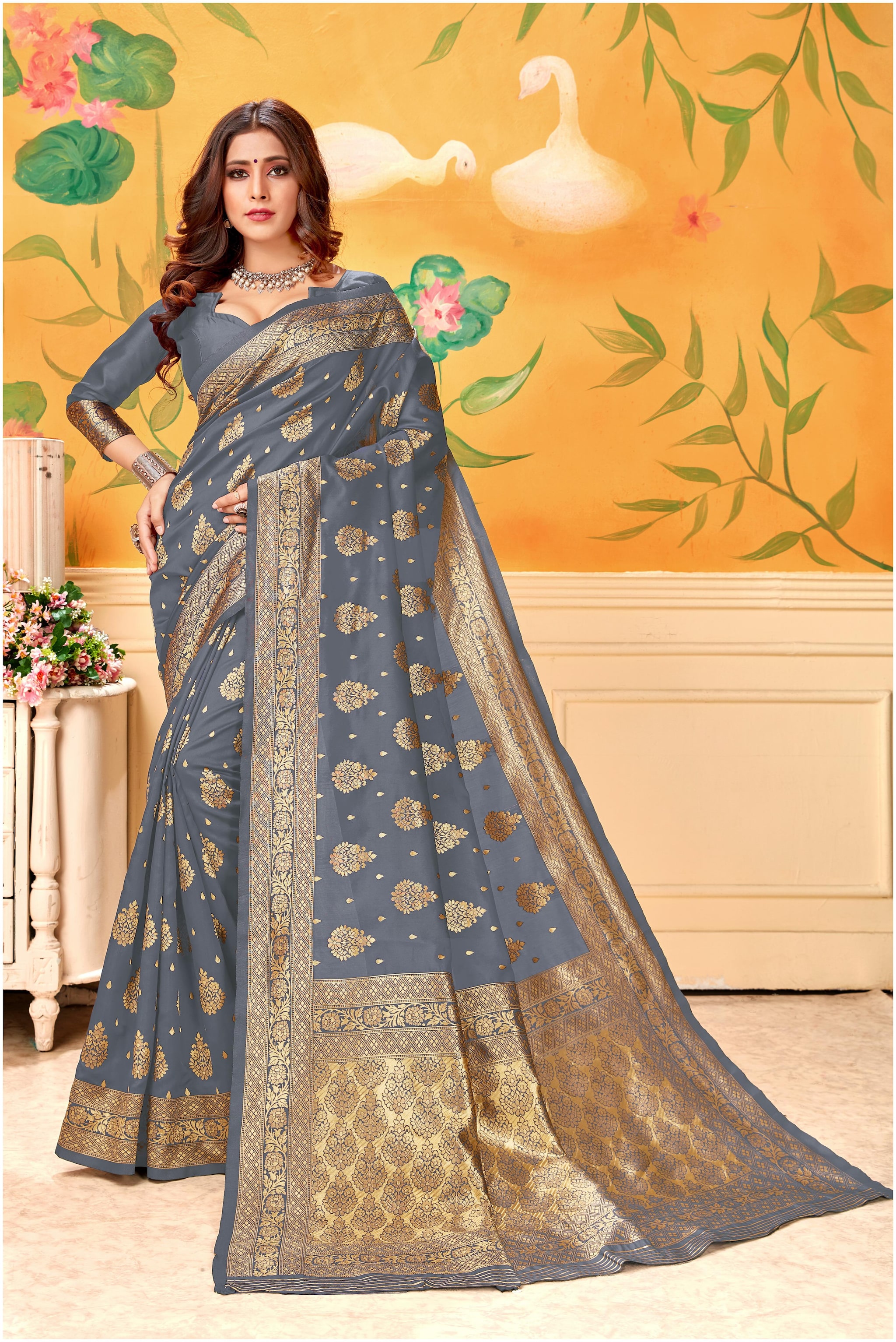 

KSNDV Trendz Women Silk Grey Designer Saree With Blouse