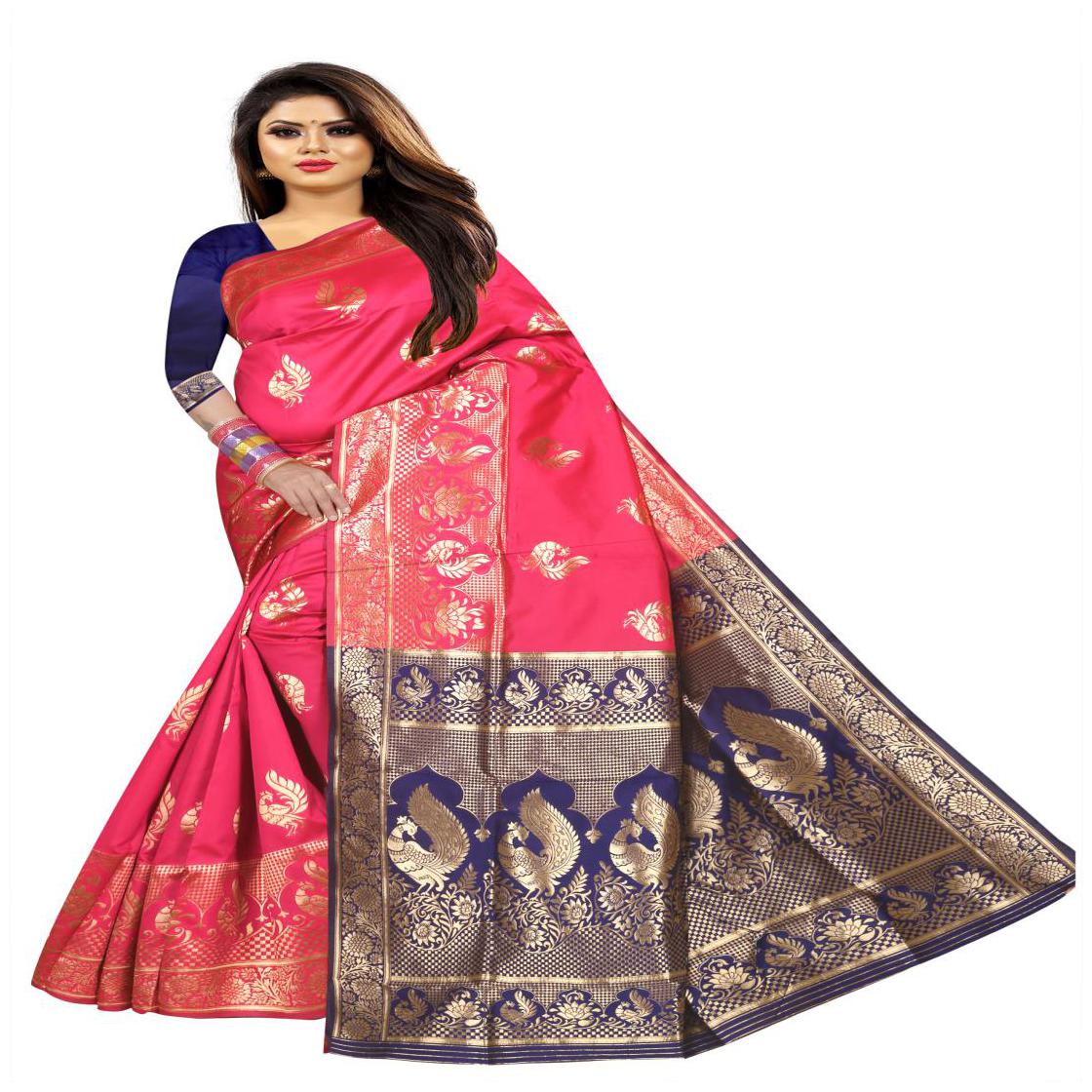 

Prathameshwara Creation Women Silk Woven Pink Designer Saree With Blouse