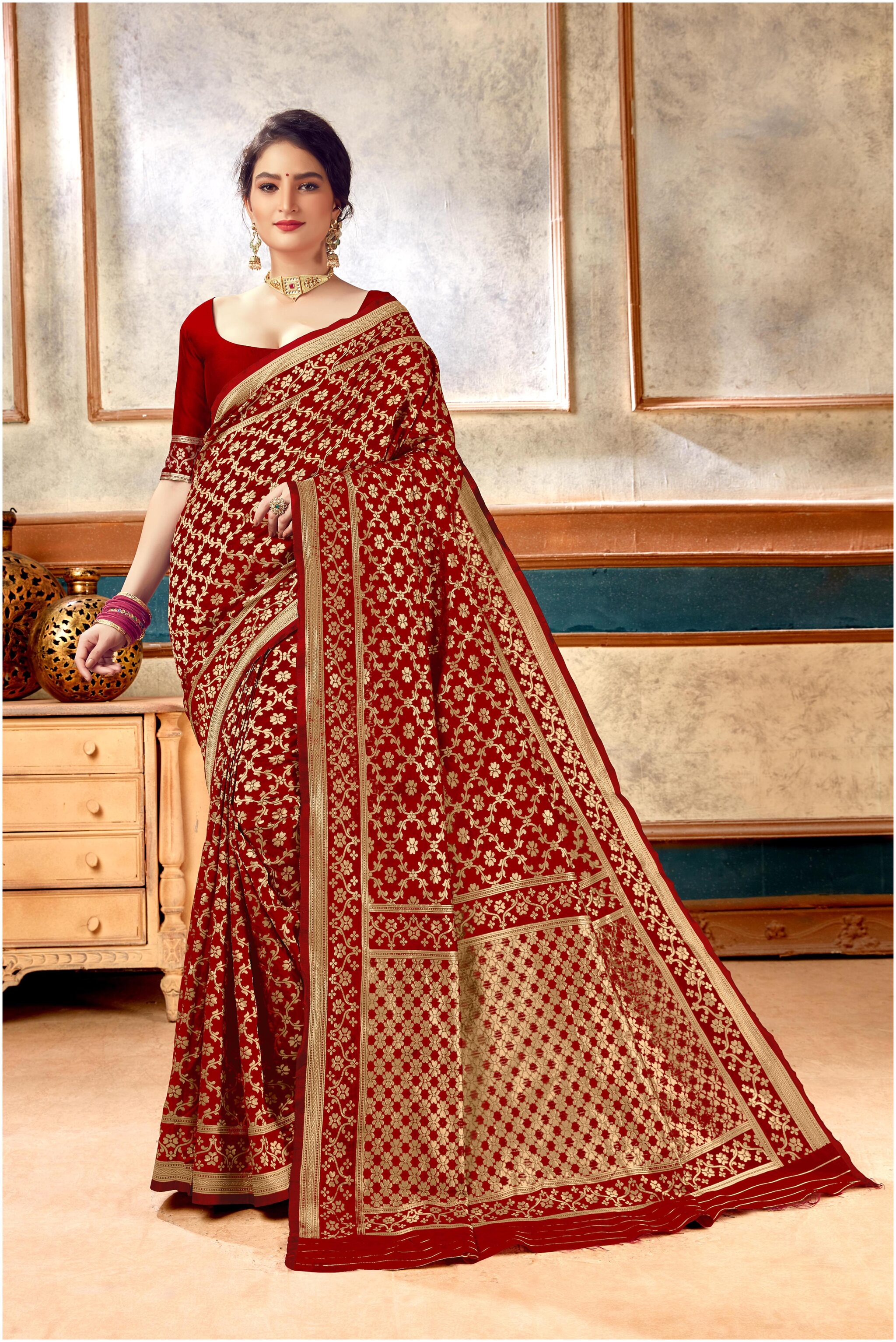 

Prathameshwara Creation Women Silk Red Designer Saree With Blouse