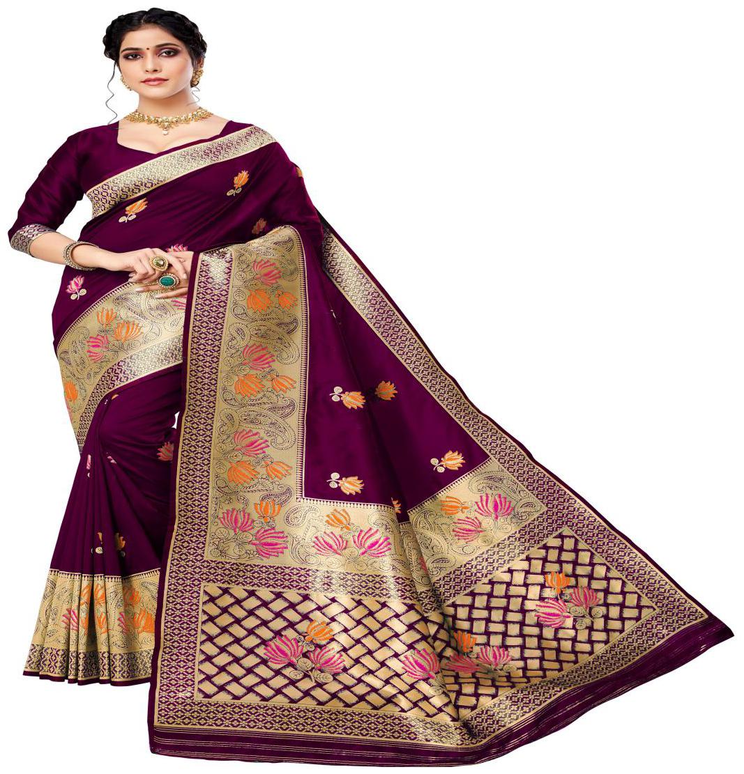 

Prathameshwara Creation Silk Woven Wine Designer Saree For Women