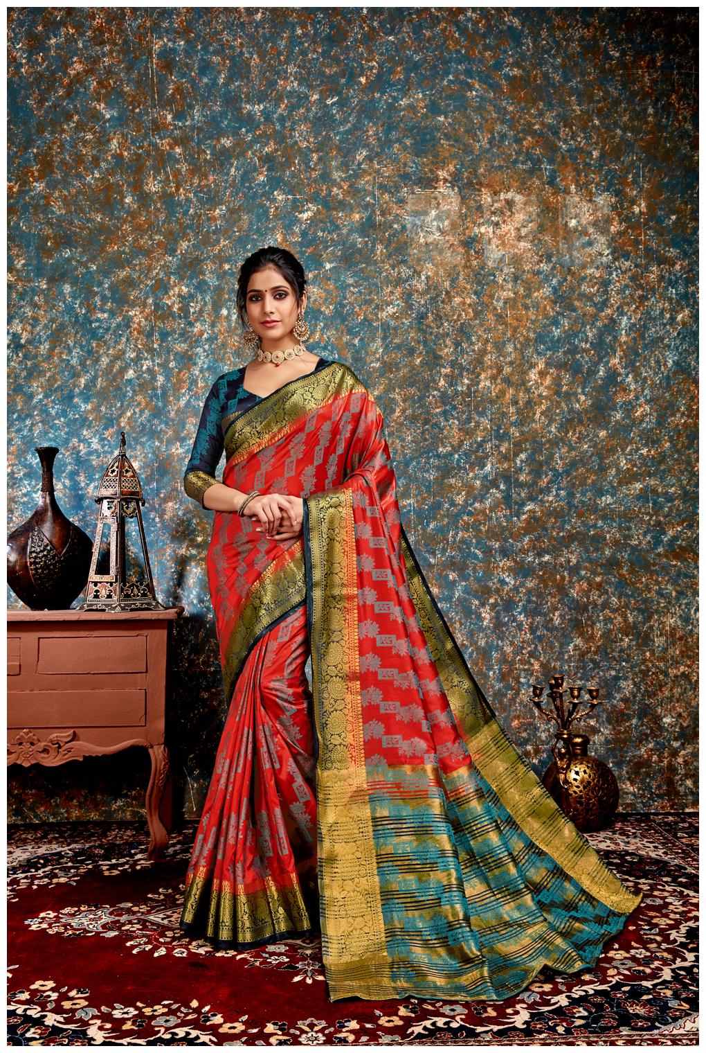 

Prathameshwara Creation Women Silk Red Designer Saree With Blouse