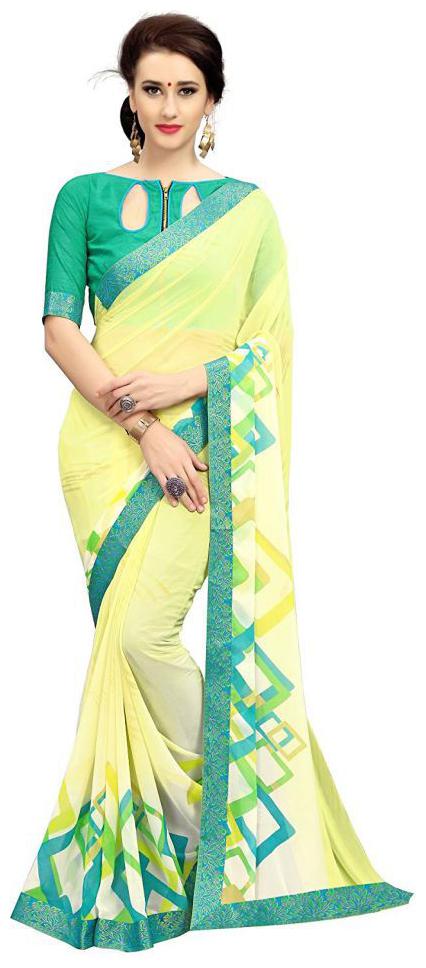 

Prathameshwara Creation Women Georgette Yellow Designer Saree With Blouse