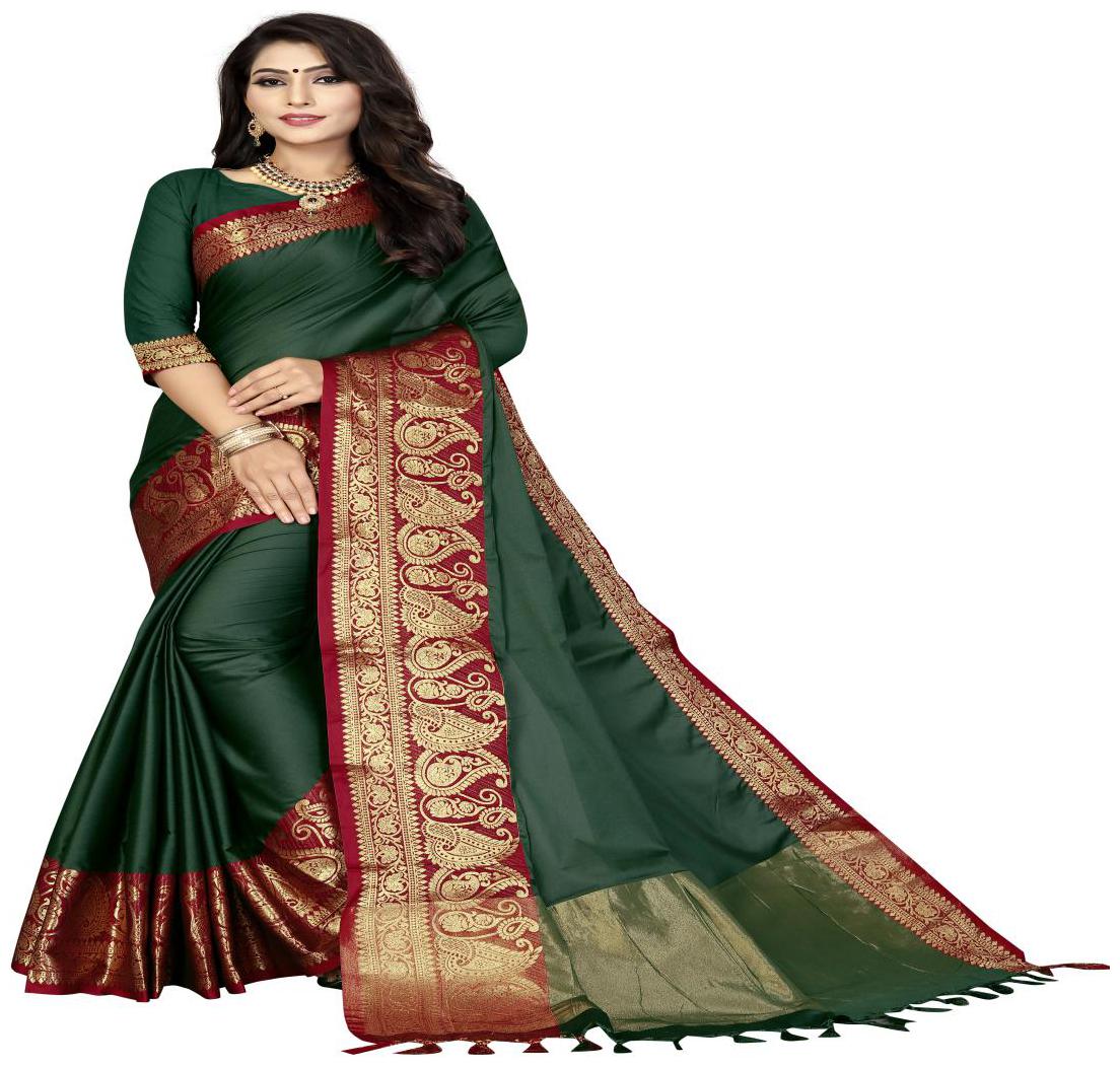 

Prathameshwara Creation Cotton Blend Woven Green Designer Saree For Women