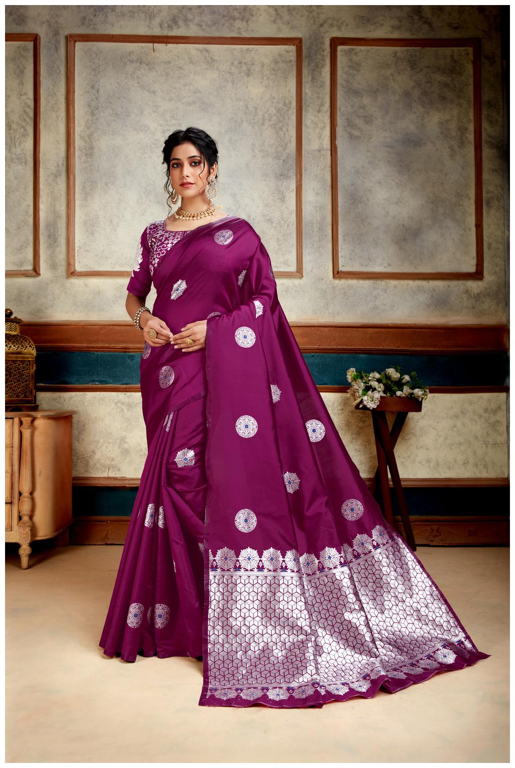 

Prathameshwara Creation Women Silk Wine Designer Saree With Blouse