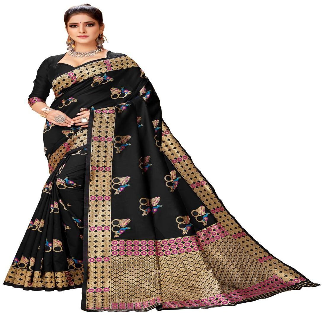 

Prathameshwara Creation Women Silk Woven Black Designer Saree With Blouse