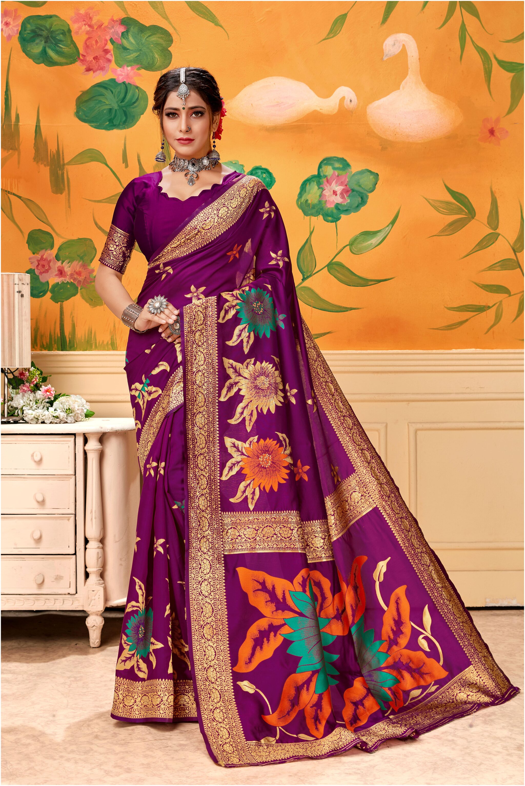 

Prathameshwara Creation Women Silk Wine Designer Saree With Blouse