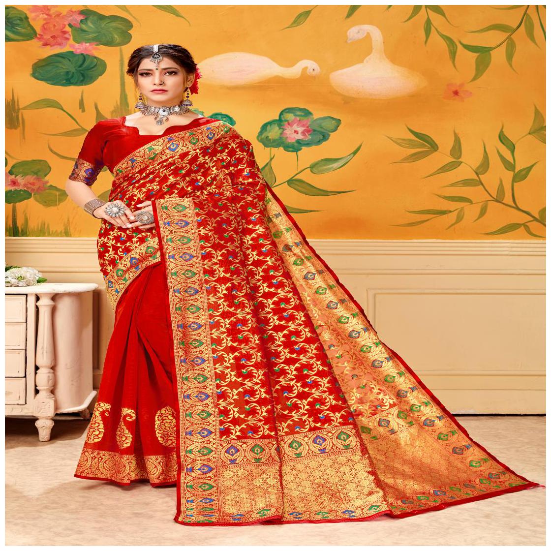

Prathameshwara Creation Women Cotton Blend Red Designer Saree With Blouse