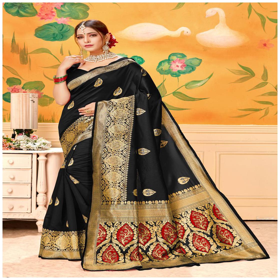 

Prathameshwara Creation Women Cotton Blend Black Designer Saree With Blouse