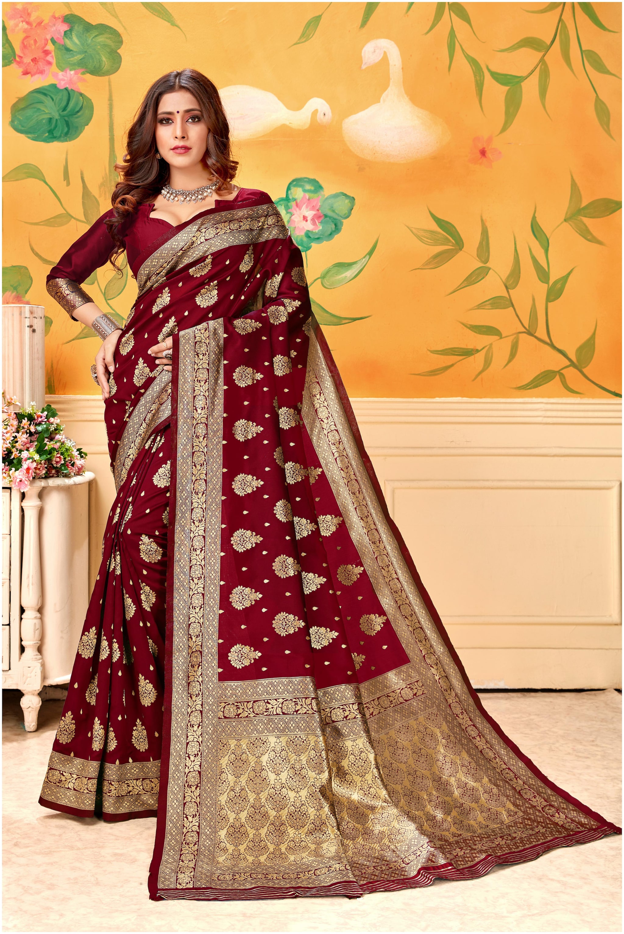 

Prathameshwara Creation Women Silk Maroon Designer Saree With Blouse