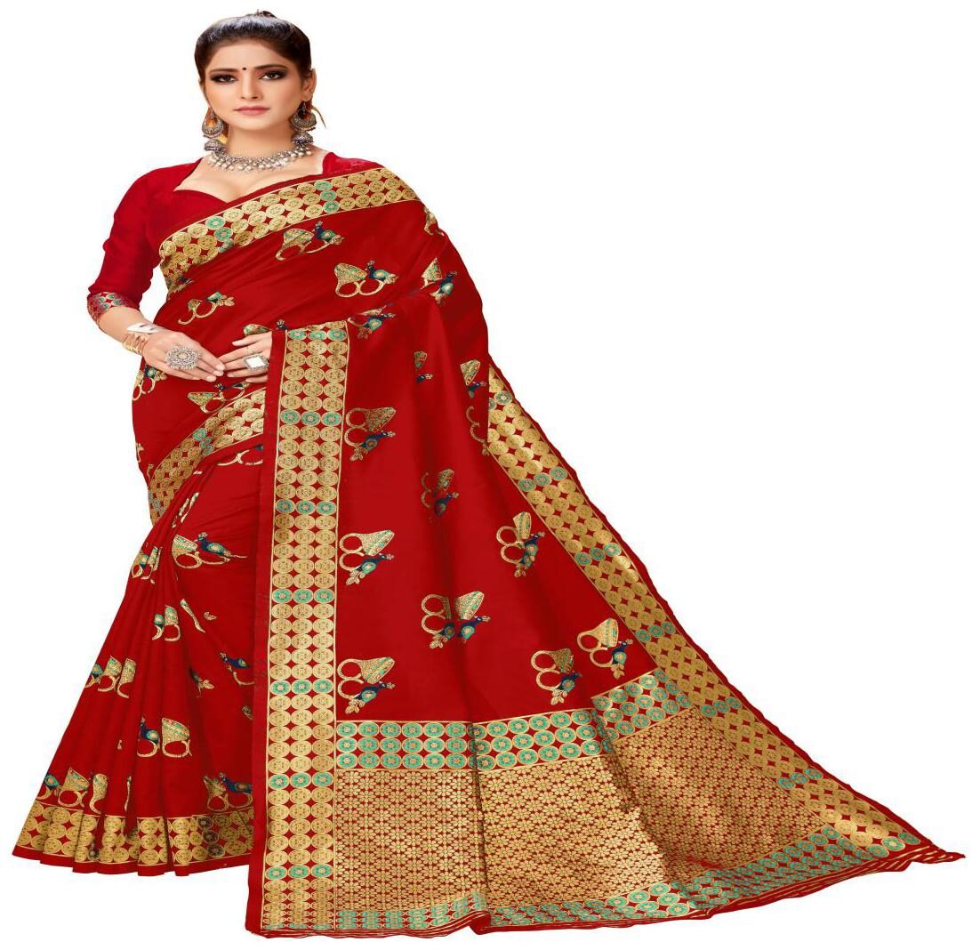 

Prathameshwara Creation Women Silk Woven Red Designer Saree With Blouse