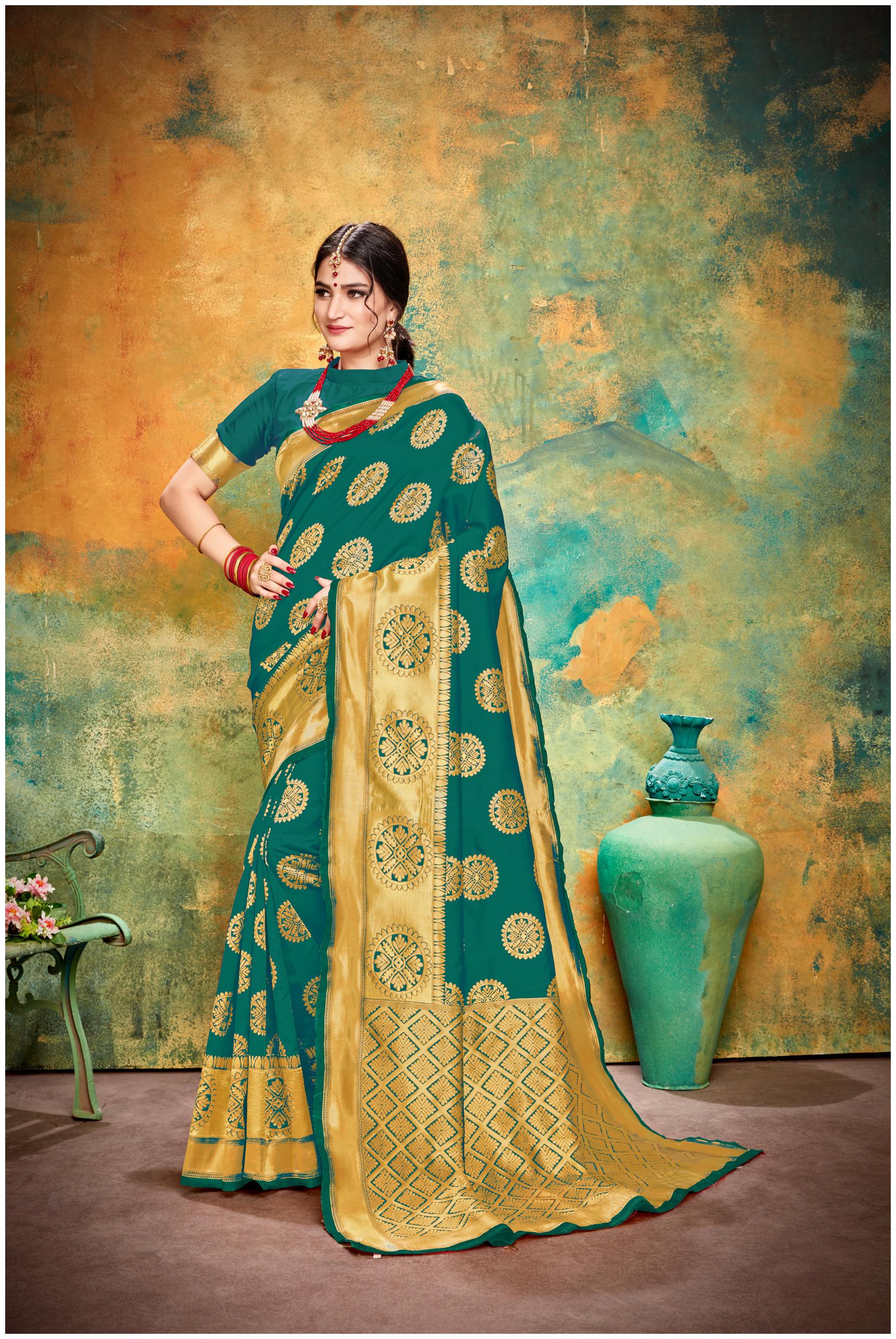 

Prathameshwara Creation Women Silk Green Designer Saree With Blouse
