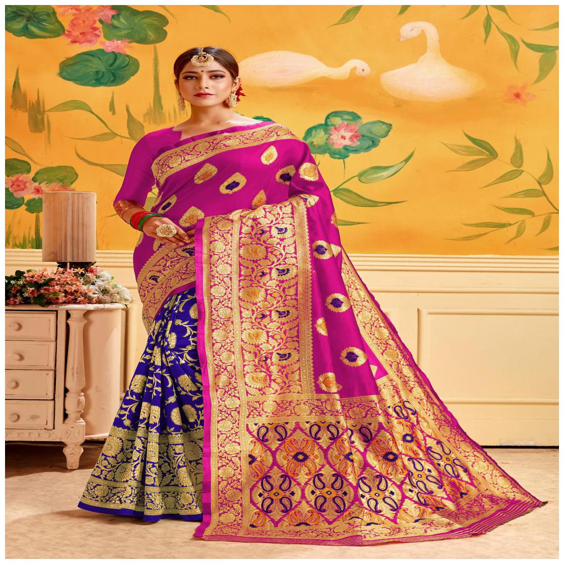 

Prathameshwara Creation Women Cotton Blend Blue Designer Saree With Blouse