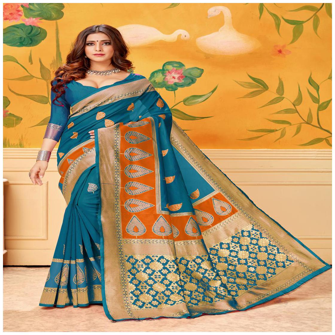 

Prathameshwara Creation Women Silk Green Designer Saree With Blouse